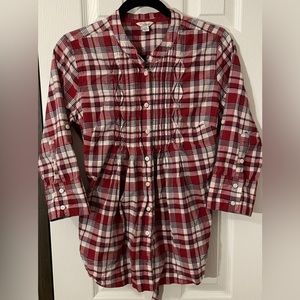 Guess Women Button Down Shirt Red MultiColor Plaid 3/4 Length Sleeve Back Tye L